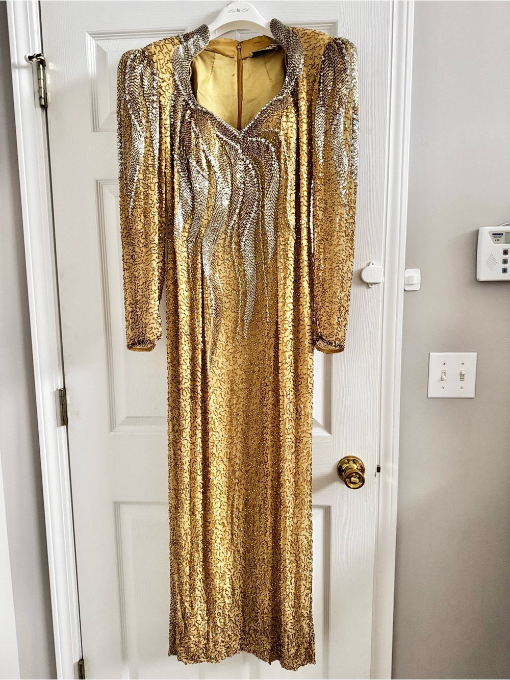 Oleg Cassini Silk Gold Beaded Evening Dress with Silver Accents
